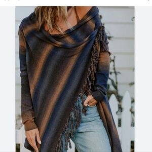 Lovestitch Convertible Fringe Wrap Cardigan Boho Shawl Sweater Small